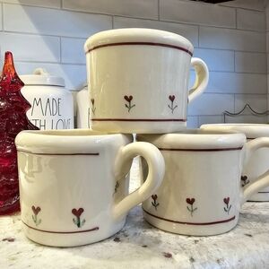 Heartstone USA Pottery Provincial Posy HEART Pattern Cream Mugs Set 4